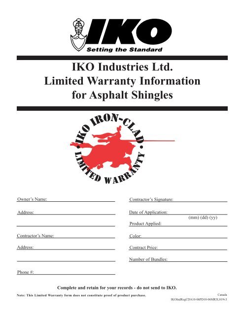 IKO Industries Ltd. Limited Warranty Information for Asphalt Shingles