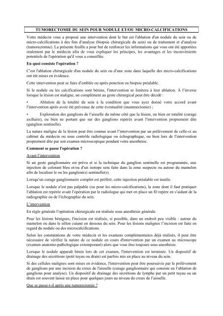 TUMORECTOMIE DU SEIN POUR NODULE ET ... - (CHU) de Poitiers