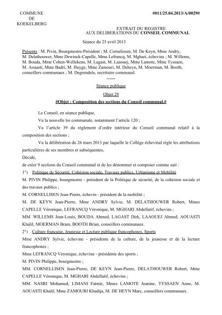 Composition des sections du Conseil communal. - Koekelberg