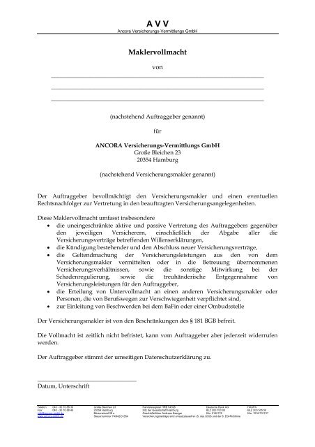 Maklervollmacht AVV Ancora Versicherungs Vermittlungs Gmbh maklervollmacht-avv-ancora-versicherungs-vermittlungs-gmbh