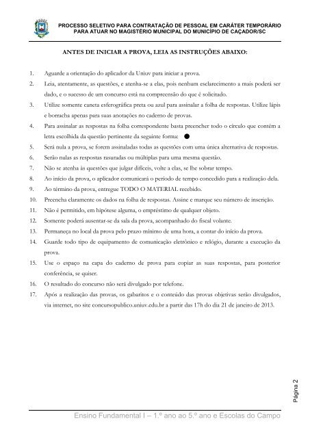 CADERNO DE PROVA - Concursos - UNIUV