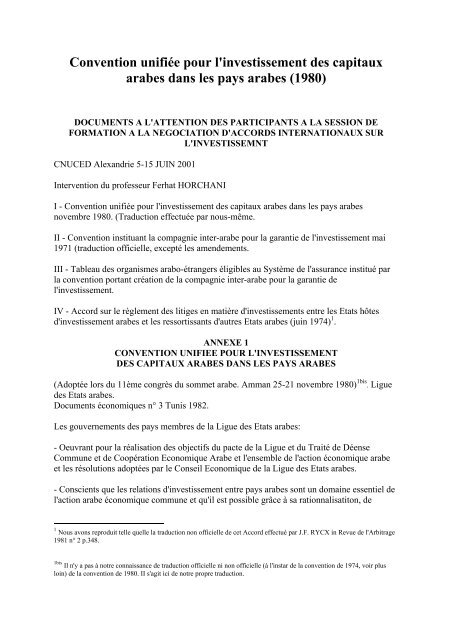 Convention unifiée pour l'investissement des capitaux ... - unctad