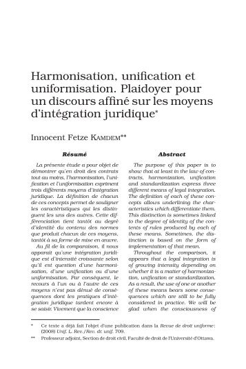 Harmonisation, unification et uniformisation. Plaidoyer pour un ...