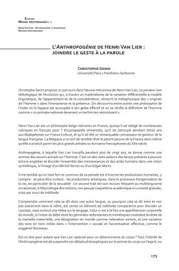 L'Anthropogénie de Henri Van Lier : joindre le geste à la parole