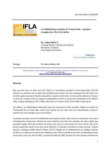 Les bibliothèques perdues de Transylvanie - IFLA Annual Conference