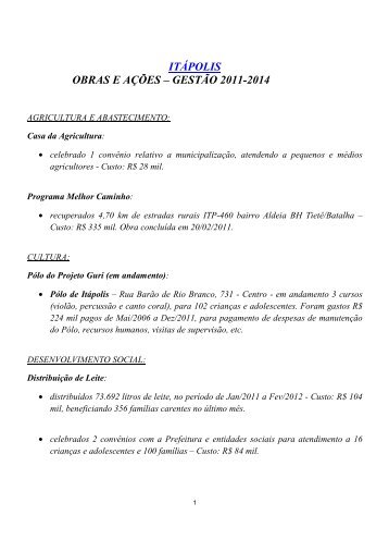 ITÁPOLIS OBRAS E AÇÕES – GESTÃO 2011-2014