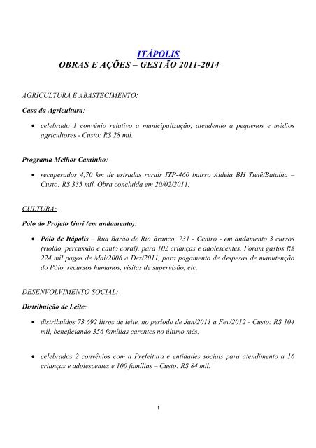 ITÁPOLIS OBRAS E AÇÕES – GESTÃO 2011-2014