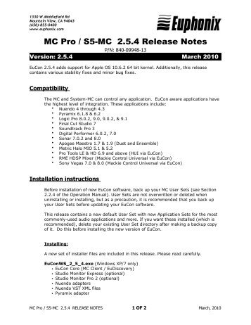 MC Pro / S5-MC 2.5.4 Release Notes - Euphonix