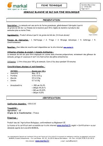 fiche technique semoule blanche de ble dur fine biologique ... - Markal