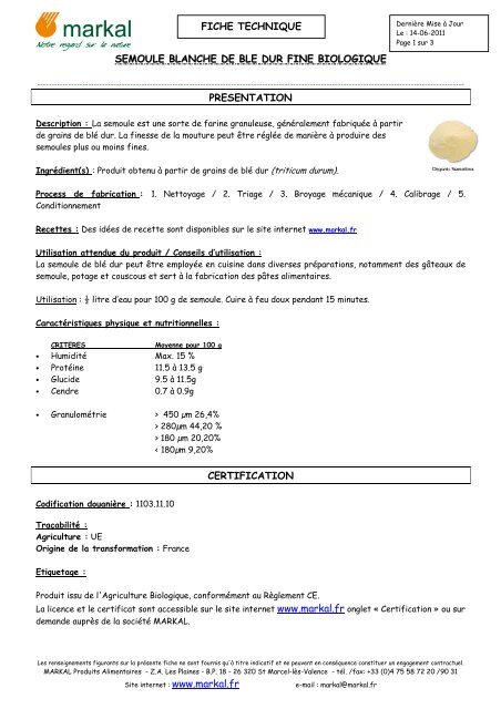 SEMOULE BLANCHE DE BLÉ DUR FINE 500 G MARKAL