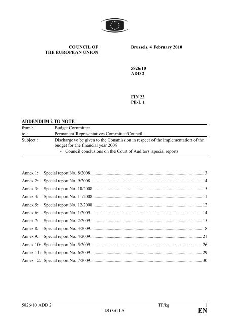 5826/10 ADD 2 TP/kg 1 DG G II A COUNCIL OF THE EUROPEAN ...