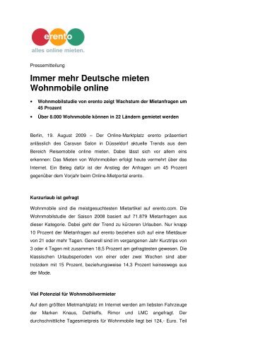 Immer mehr Deutsche mieten Wohnmobile online (PDF) - Erento