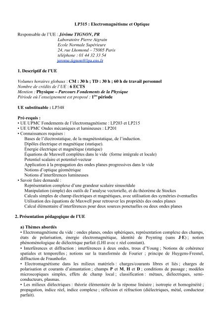 Lp315 Electromagnetisme Et Optique Responsable De L Ue Upmc