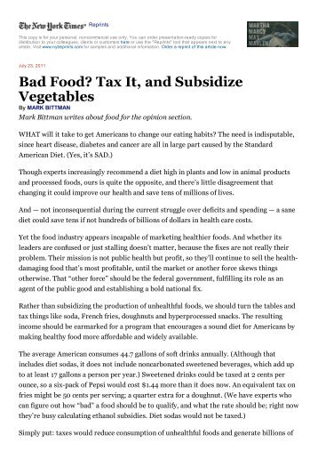 Tax Soda, Subsidize Vegetables - NYTimes.com - Slow Food ...