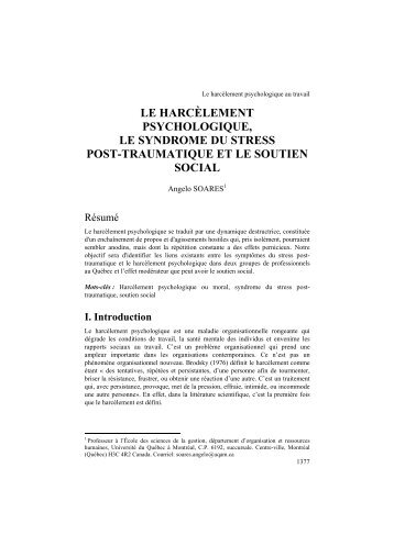 le harcèlement psychologique, le syndrome du stress post ...