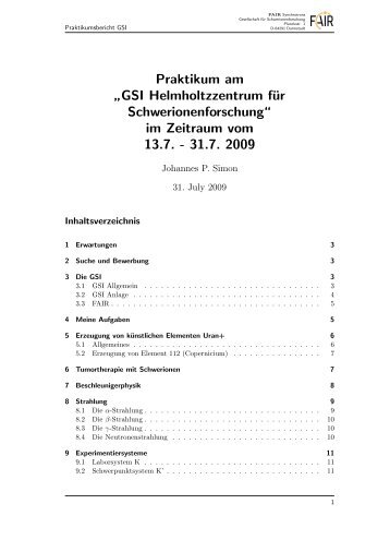 Praktikum am ” GSI Helmholtzzentrum für Schwerionenforschung ...