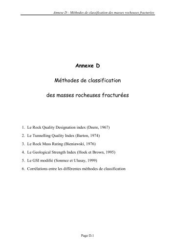 Annexe D Méthodes de classification des masses rocheuses ... - TEL