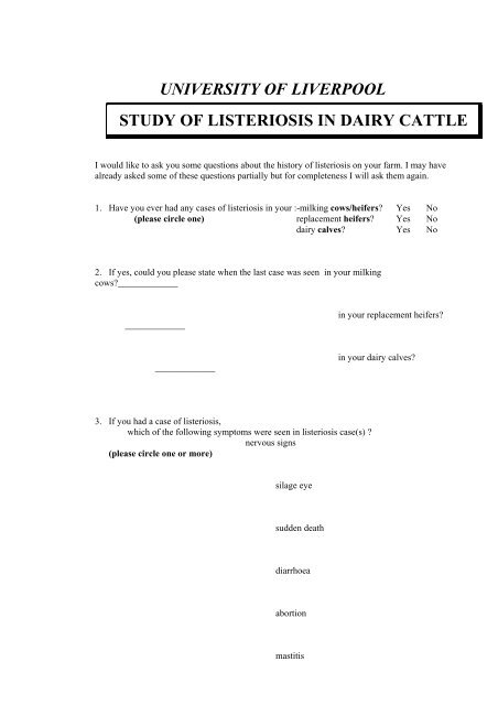 an epidemiological study of listeriosis in dairy cattle