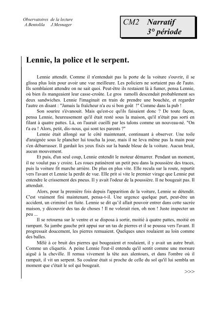 Lennie, la police et le serpent. CM2 Narratif 3° période