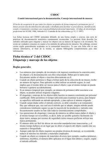 Ficha técnica n° 2 del CIDOC Etiquetaje y marcaje de los objetos