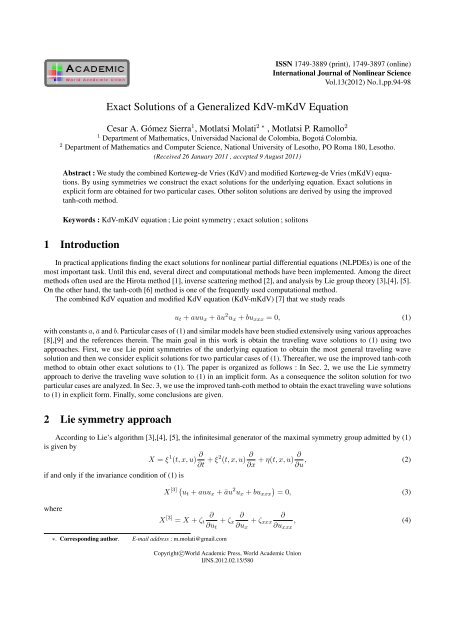 Exact Solutions of a Generalized KdV-mKdV Equation - IJNS, The ...