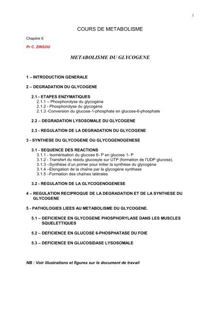 COURS DE METABOLISME METABOLISME DU GLYCOGENE