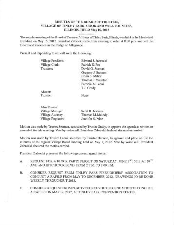 MINUTES OF THE BOARD OF TRUSTEES, VILLAGE ... - Tinley Park