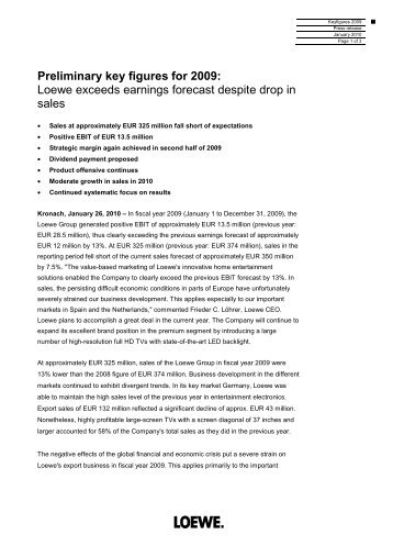 Preliminary key figures for 2009 - Loewe AG > Aktuell