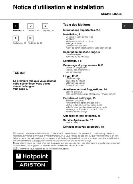 Notice d'utilisation et installation - Hotpoint-Ariston