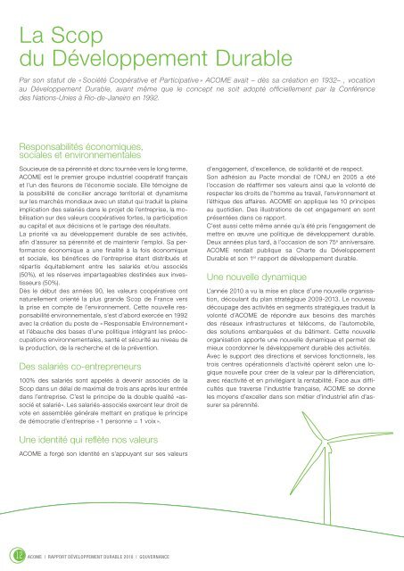 Rapport Développement Durable 2010 - Acome