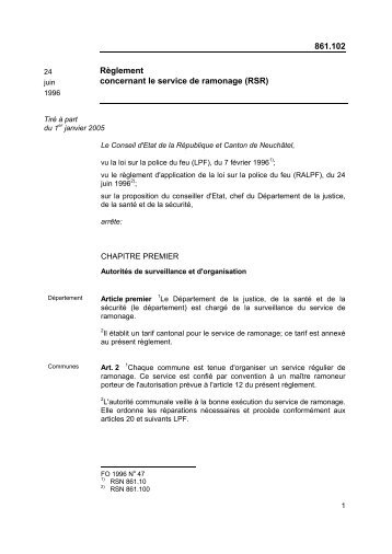 Règlement concernant le service de ramonage - Canton de Neuchâtel