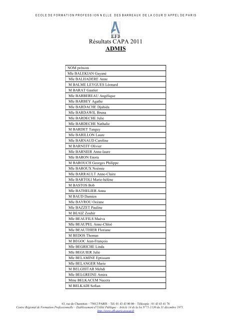 Résultats CAPA 2011 ADMIS