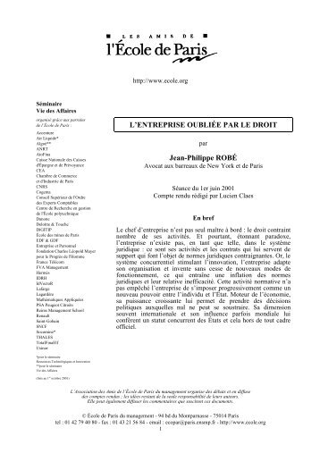 L'ENTREPRISE OUBLIÉE PAR LE DROIT Jean-Philippe ROBÉ