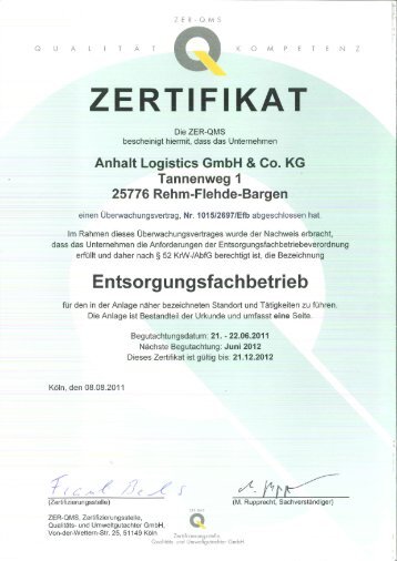 ZERTIFIKAT - Anhalt Logistics GmbH & Co. KG