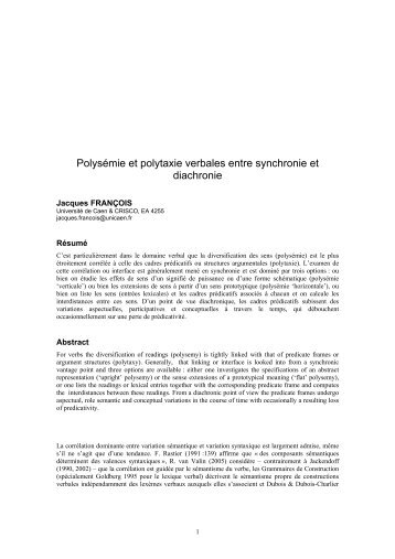 Polysémie et polytaxie verbales entre synchronie et ... - Crisco