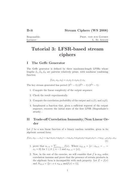 Tutorial 3: LFSR-based Stream Ciphers - B-it Cosec