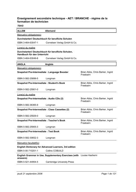 Enseignement secondaire technique - AET / BRANCHE - régime de la