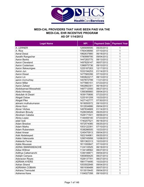 MEDI-CAL PROVIDERS THAT HAVE BEEN PAID VIA THE MEDI