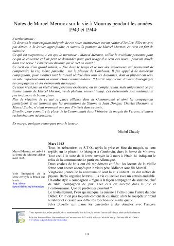 Notes de Marcel Mermoz sur la vie à Mourras pendant les années ...