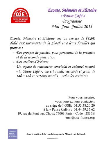 Ecoute, Mémoire et Histoire « Pause Café » Programme Mai- Juin ...