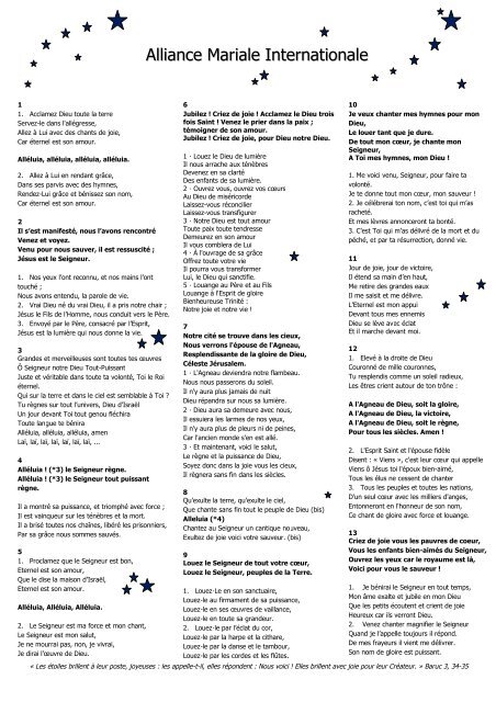 feuille de chants - Alliance Mariale Internationale