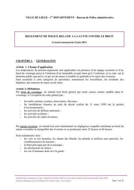Ville de Liège - Règlement de police relatif à la lutte contre le bruit