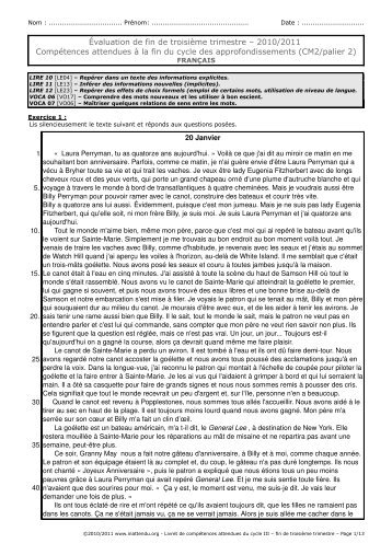 Évaluation de fin de troisième trimestre – 2010/2011 Compétences ...