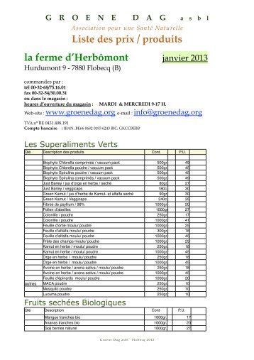 Liste des prix / produits la ferme d'Herbômont - Groene Dag