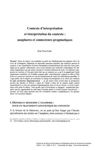 anaphores et connecteurs pragmatiques. - Université de Liège