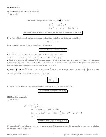 EXERCICE 4 I) Existence et unicité de la solution 1 ... - Maths-france.fr