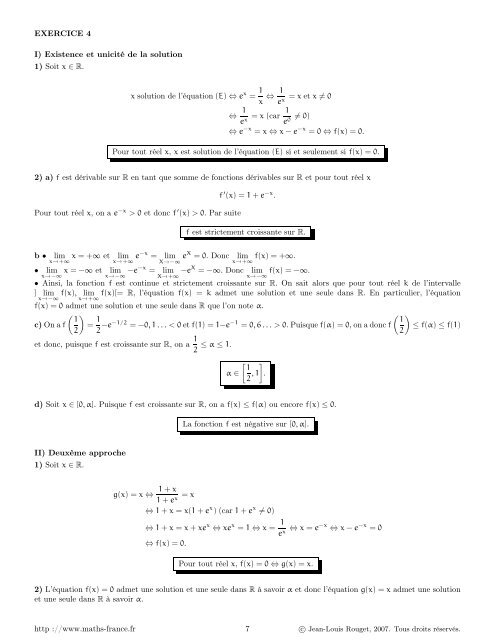 EXERCICE 4 I) Existence et unicité de la solution 1 ... - Maths-france.fr