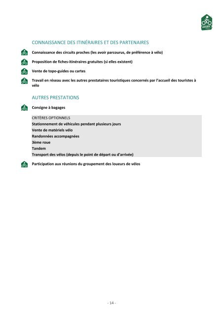 Critères label Accueil Vélo : loueurs de vélos