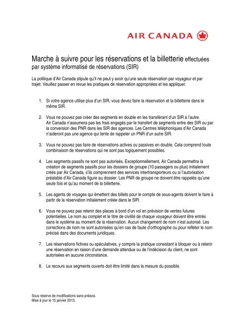 Marche à suivre pour les réservations et la ... - Air Canada