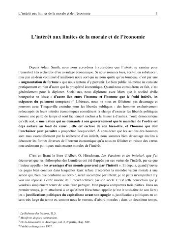 L'intérêt aux limites de la morale et de l'économie - appep